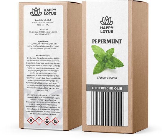 Verpakking van Happy Lotus Pepermunt Etherische olie. Doos met etiket en flesje met muntblaadjes en waarschuwingssymbolen.