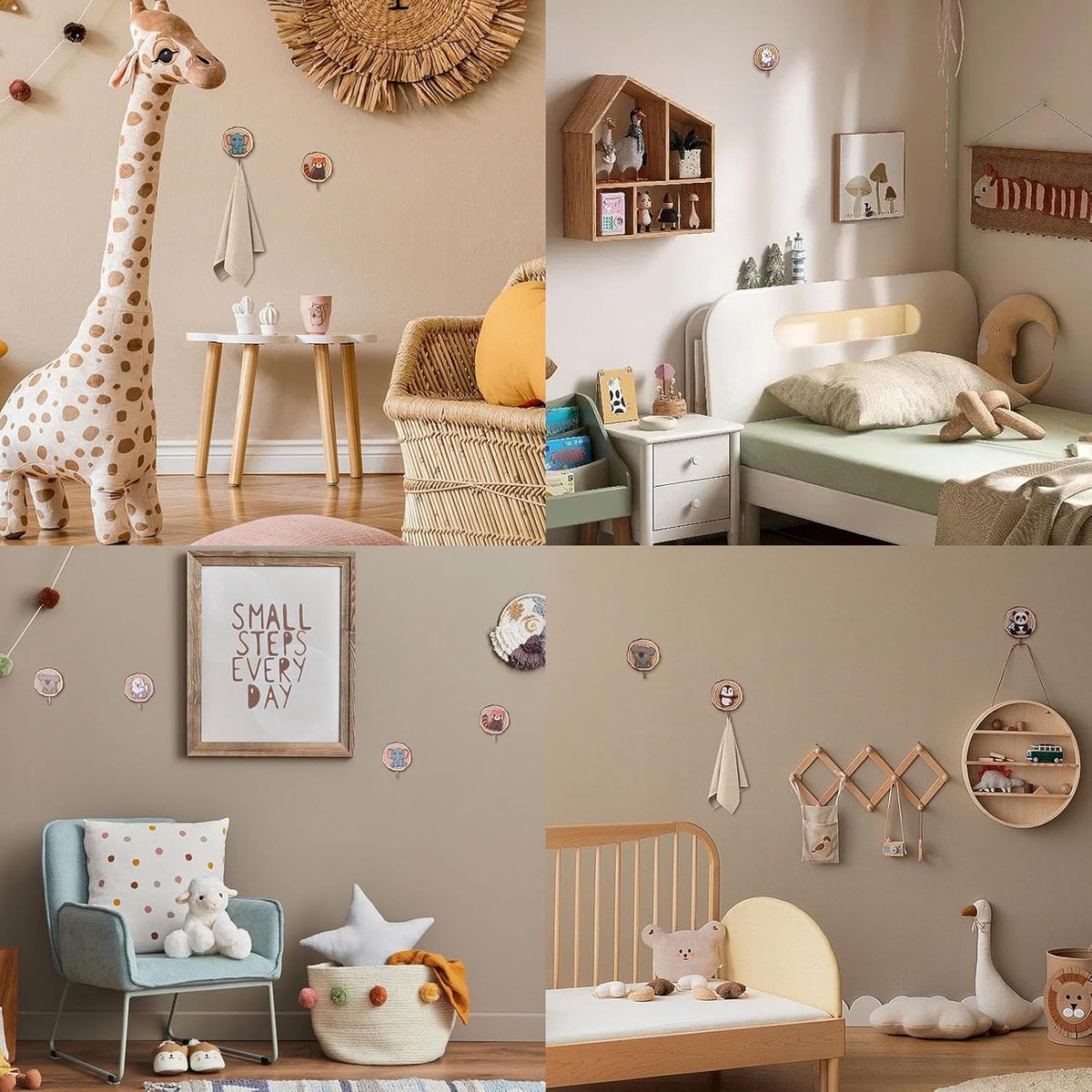 YunBey 6 Stück Kleiderhaken Kinder Garderobenhaken aus Holz in Cartoon-Tierform Wandhaken Kinder Selbstklebend für Kinderzimmer Tür Küche Büro