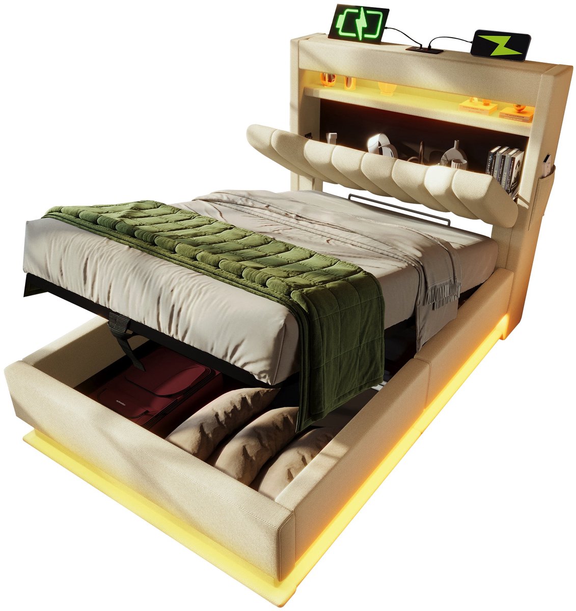 Merax Eenpersoonsbed 90x200 cm met Hydraulische Opbergruimte en LED Verlichting – Beige Linnen – Bed met USB en Type-C