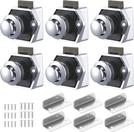 Een set van zes zilverkleurige drukknop sloten, met schroeven en L-vormige bevestigingen.
