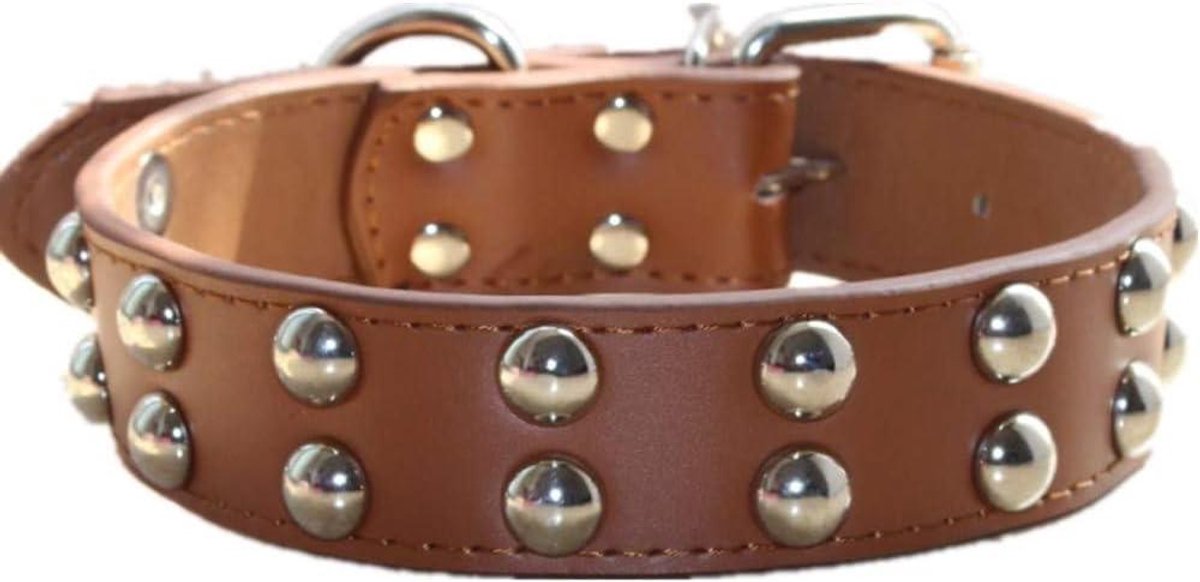 ByShane - Brede lederen halsband met studs voor middelgrote hondenrassen - Pitbull Terrier - Bruin - Maat M