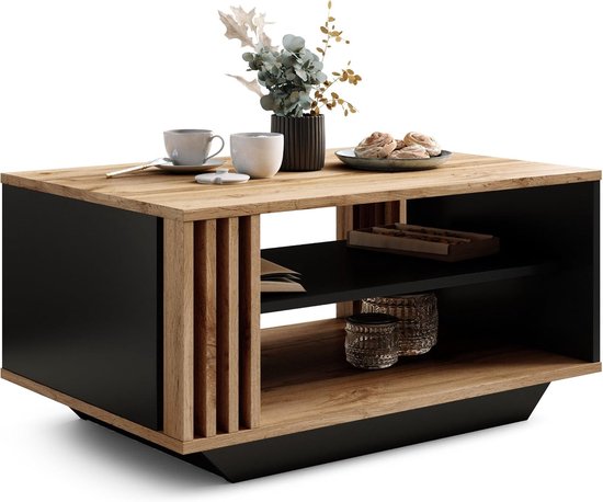 Moderne Salontafel met Houten Lamellen - Rechthoekige Tafel met Opbergruimte voor een