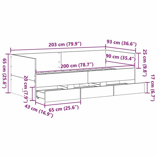 Afmetingen van het bed: 203 x 93 x 65 cm (lengte x breedte x hoogte). Met lades.