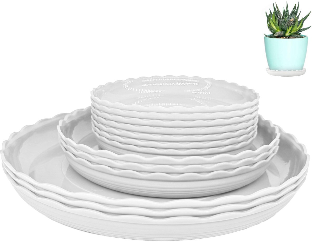 Set van 12 bloempotschalen - Kunststof schaal - Ronde, golvende plantenschaal - Druppelbak voor bloempotten - Geschikt voor tuinen, achtertuinen, balkons en binnenruimtes - 15 cm/20 cm/25 cm, wit