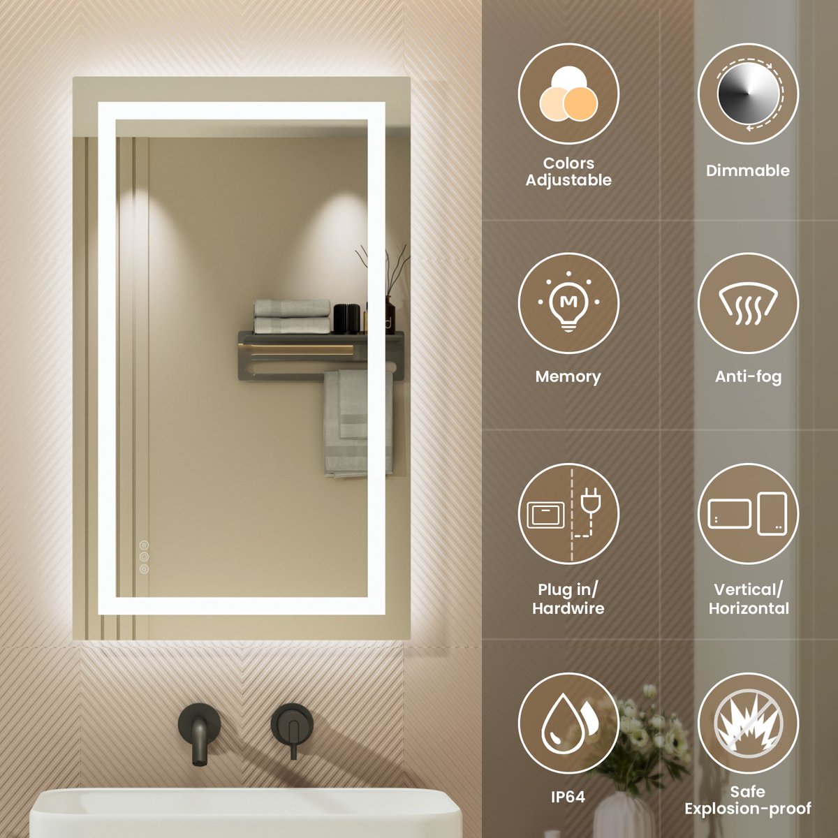 Auralum max - Badkamerspiegel met LED Verlichting - Dimbaar - Wandspiegel - Badkamer/Make-up spiegel - Anti Condens Douchespiegel - Warm/Neutraal/Koud Wit - 100X60cm