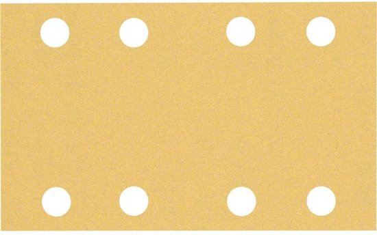 Een rechthoekig vel goudkleurig schuurpapier met 8 witte cirkelvormige gaten.