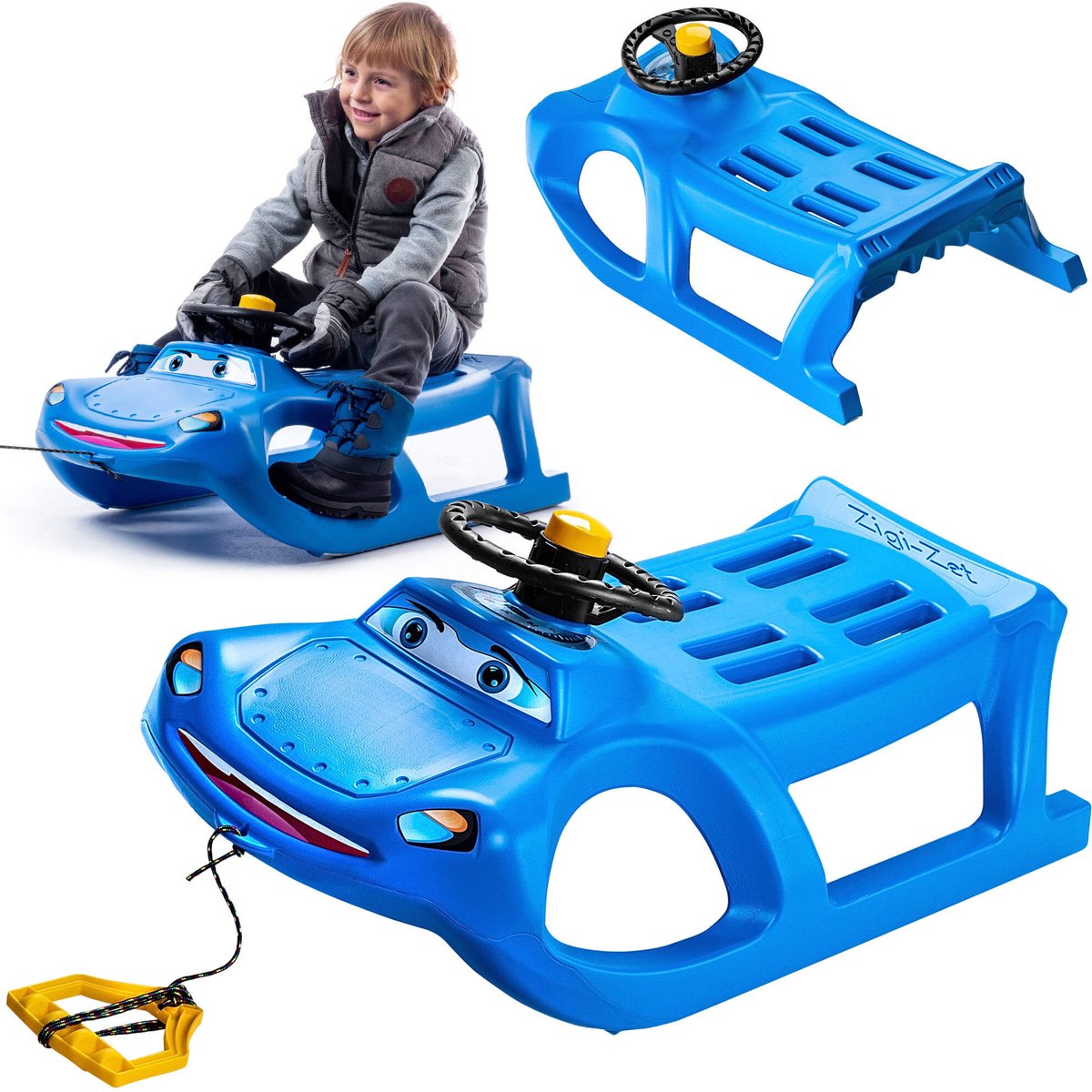 KADAX Zigi-zet Kunststof slee met stuur en claxon, 91 x 45 x 37 cm kinderslee, stabiele en veilige bobslee, rodel van kunststof, Zigi-zet glijslee (blauw)