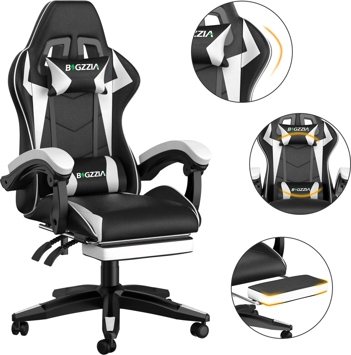 Bigzzia Gaming stoel - Ergonomisch PU leer - In hoogte verstelbare bureaustoel - met lendensteun en hoofdsteun - 155° verstelbare rugleuning - Gaming stoel volwassenen kinderen