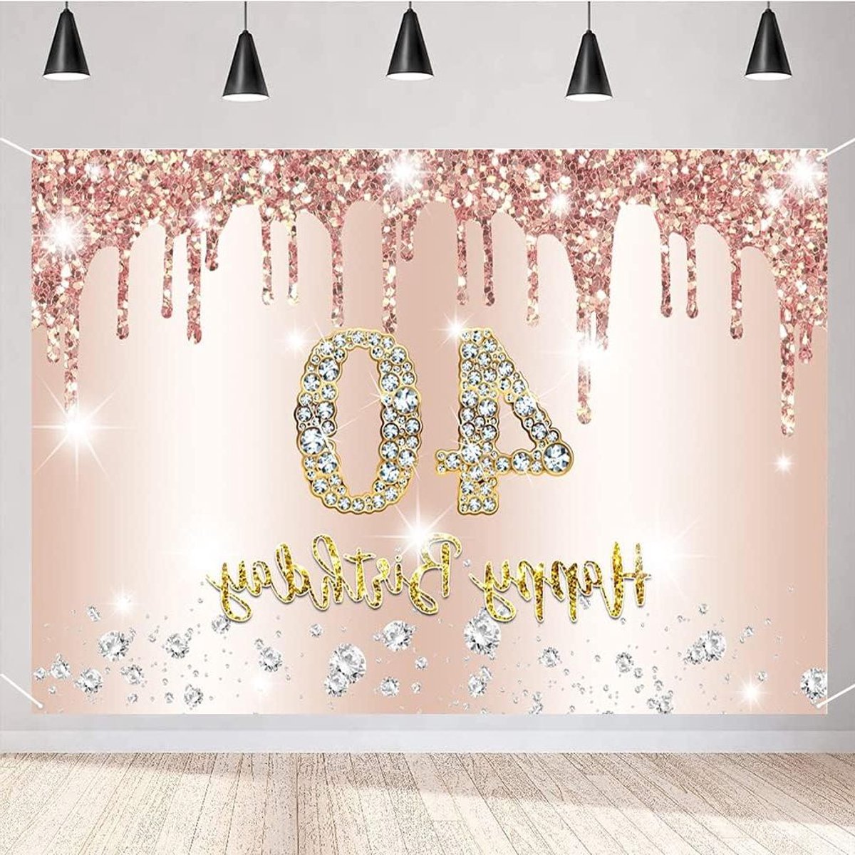 ByShane - Verjaardagsdecoraties | Vrouwen | Happy 40e Verjaardagsfeest | Achtergrond Banner | Stoffen Bord Poster | Glitter Roségoud | Party Supplies | Feestbenodigdheden | 150 cm x 90 cm
