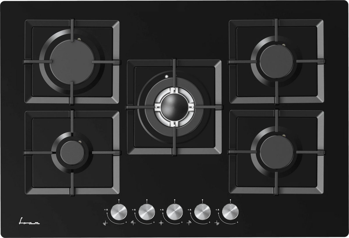 Fram FBH-M705IWF-GBK Inbouw Gaskookplaat – 75 cm – 5 Branders – Wok – Elektronische Ontsteking – Vlambeveiliging – 5 Jaar Garantie – Zwart Glas