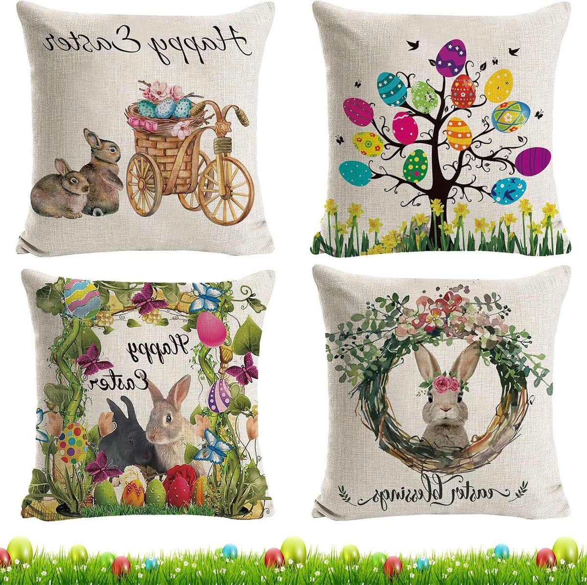 ByShane - Set van 4 paashaas kussenhoezen voor Pasen huisdecoratie - Decoratieve kussenslopen voor feestelijke sfeer