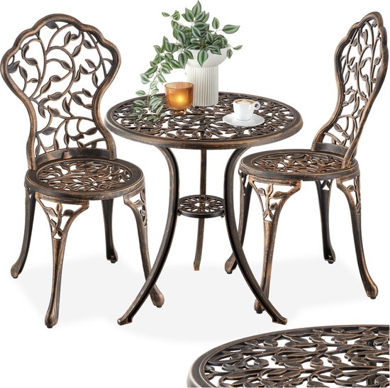 Foto: Tectake 2 persoons bistroset lyon vintage bistrotafel met 2 bistrostoeltjes aluminium bistro set voor tuin terras of balkon weerbestendig bronskleurig