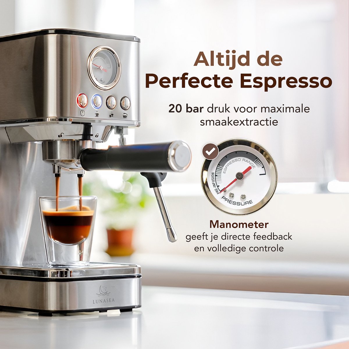 LunaSea's RVS Pistonmachine - Espressomachine - 20 Bar - afbeelding 2