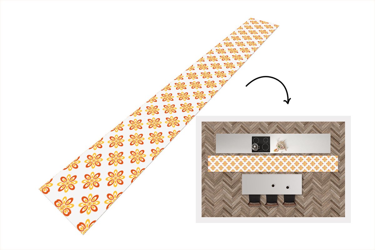 KitchenYeah Keukenloper 480x60 cm - Keukenmat vinyl Patroon - Jaren 70 - Bloemen - Oranje - Keukenmatten loper - Keuken vloerkleed tapijt Patroon - Bloemen - Oranje