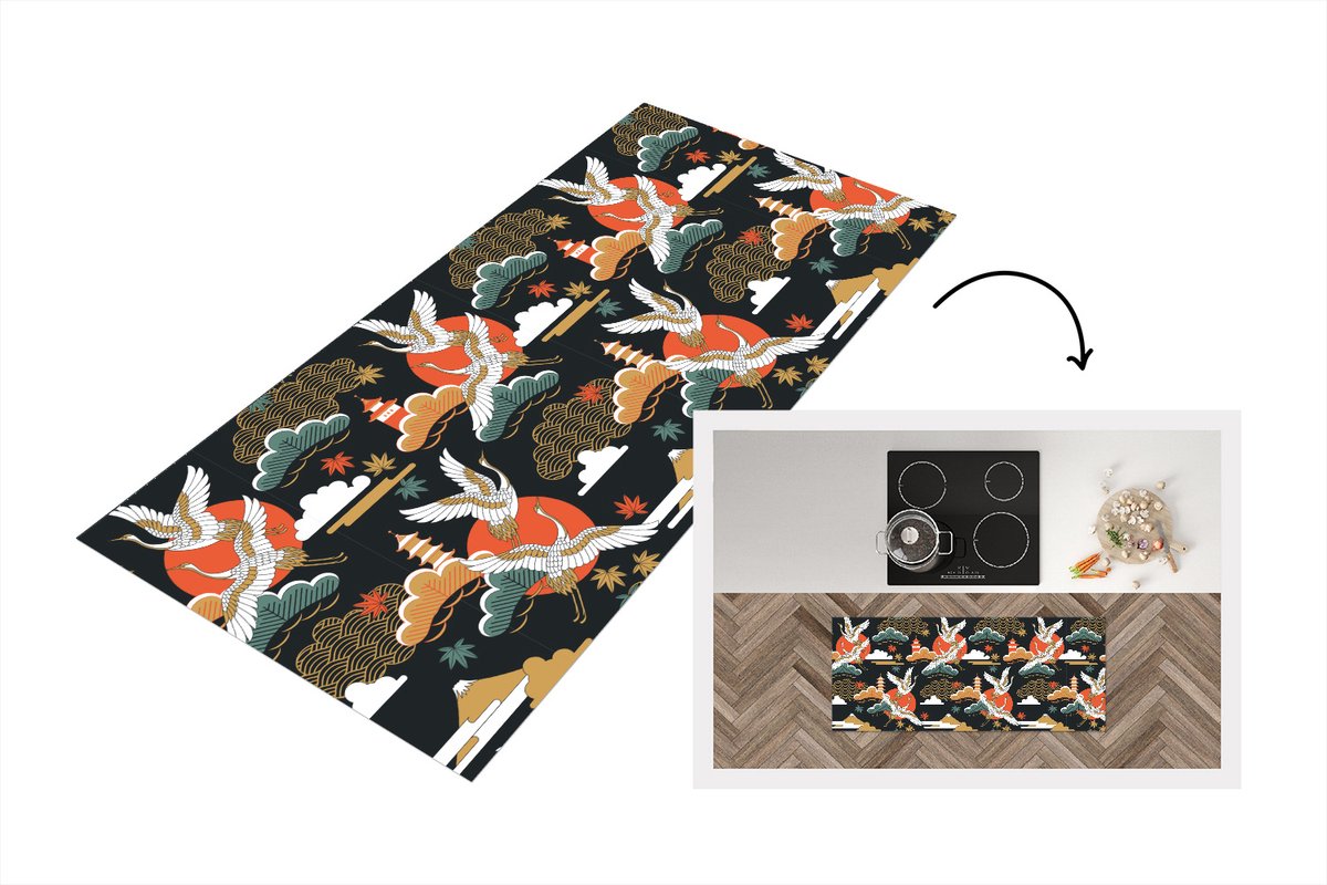 KitchenYeah Keukenloper 120x50 cm - Keukenmat vinyl Kraanvogel - Wolken - Japan - Patroon - Keukenmatten loper - Keuken vloerkleed tapijt