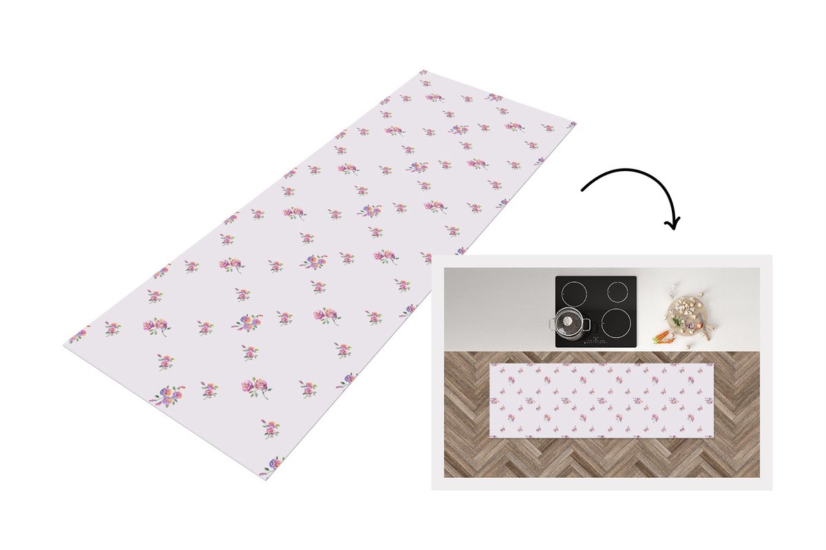 KitchenYeah Keukenloper 150x50 cm - Keukenmat vinyl Patroon - Rozen - Bloemen - Keukenmatten loper - Keuken vloerkleed tapijt