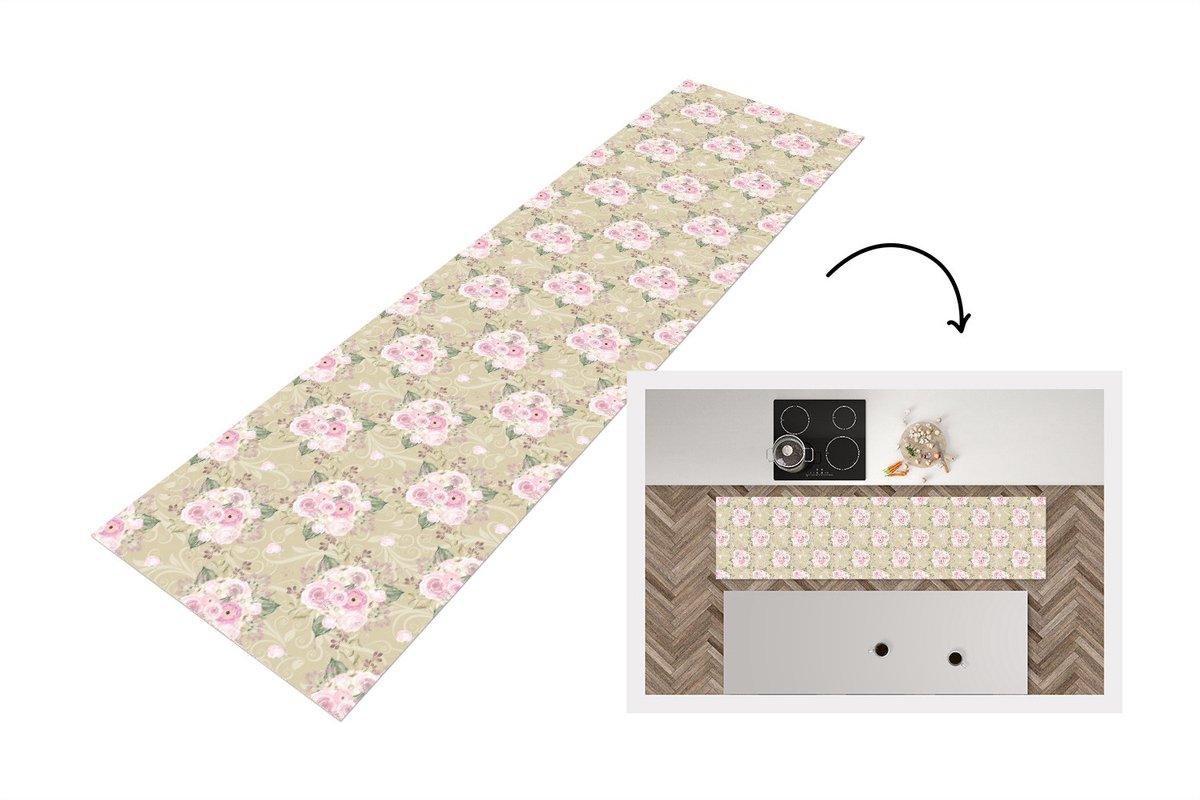 KitchenYeah Keukenloper 240x60 cm - Keukenmat vinyl Roos - Patronen - Bloemen - Keukenmatten loper - Keuken vloerkleed tapijt Rozen