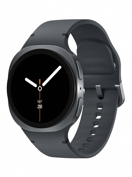 Grijze smartwatch met zwart wijzerplaat, datum en verstelbare band.