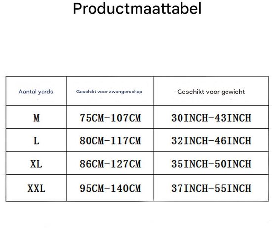 Maattabel voor zwangerschapsbanden met maten M, L, XL, XXL.