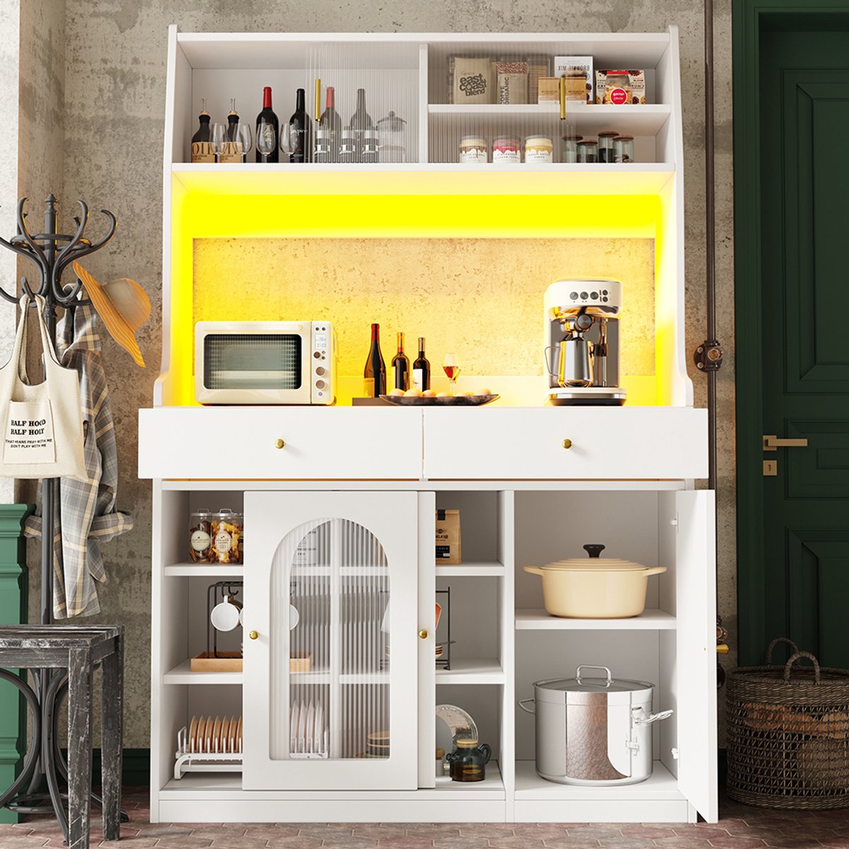 Pugsdrly Keukenkast, hoge kast, vitrinekast, dressoir met verstelbare legplanken, eetkamerkast met 2 laden, dressoir met ledverlichting, verschillende lichtkleuren, wit