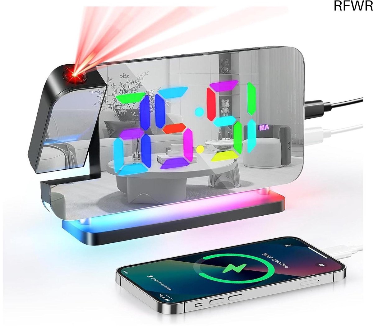 RFWR® Digitale Wekker met Projector en LED Nachtlampje - 7,4 Inch Mirror Klok voor Kinderen en Volwassenen