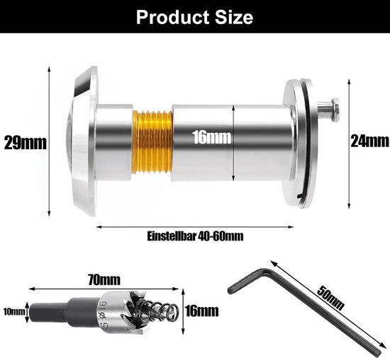 RFWR® Deurspion 220° groothoek met inkijkbescherming, instelbare lengte en optische glazen lenzen voor 40-60 mm dikke deuren van Merkloos — afbeelding 5