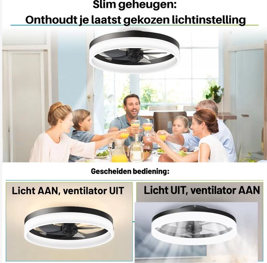 Lichtendirect - Ventilateur de plafond avec éclairage - Lampe Smart - Ventilateur 6 vitesses - Plafonnier - Lampe de salon - Intensité variable - Télécommande - Fonction APP - Zwart