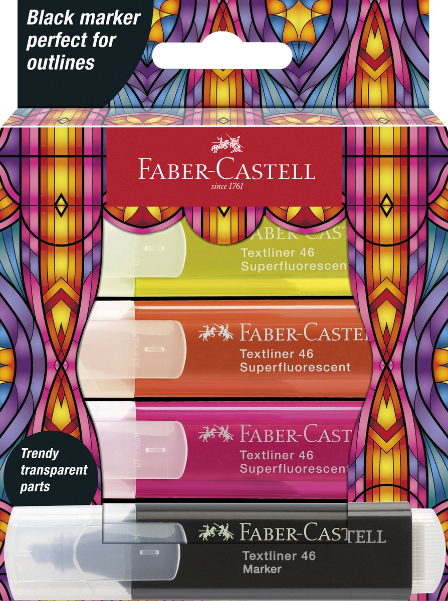 Faber-Castell markeerstift Glassy - set met 4 markers inclusief zwart - FC-254693