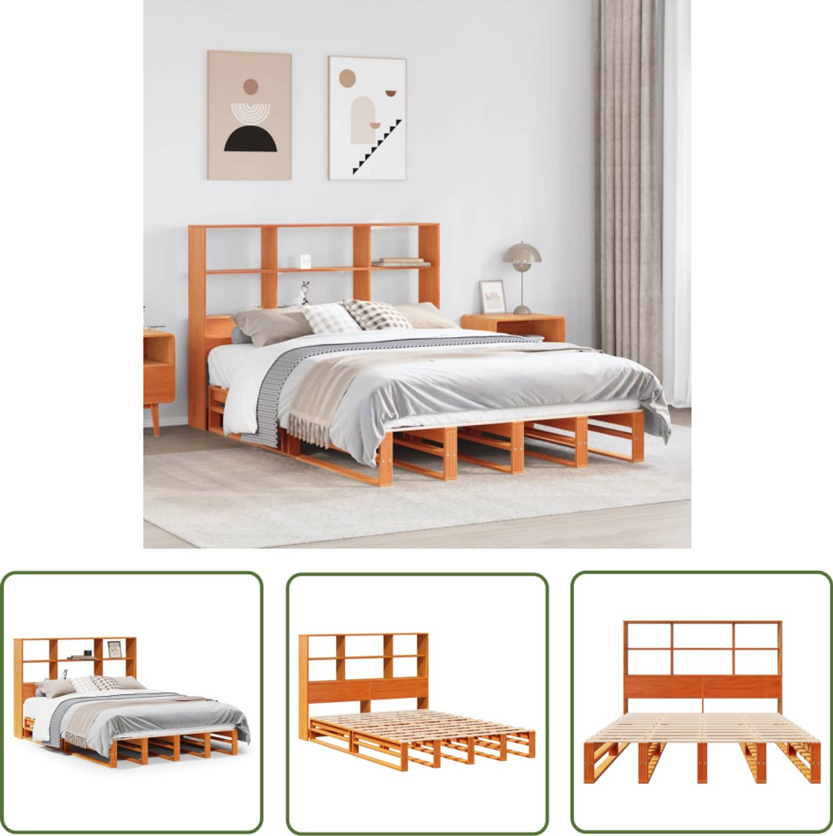 vidaXL Houten Bed - Bed Met Boekenkast - Bed met boekenkast zonder matras hout wasbruin 150x200 cm - Slaapcomfort - Massief Grenenhout - Boekenopbergruimte
