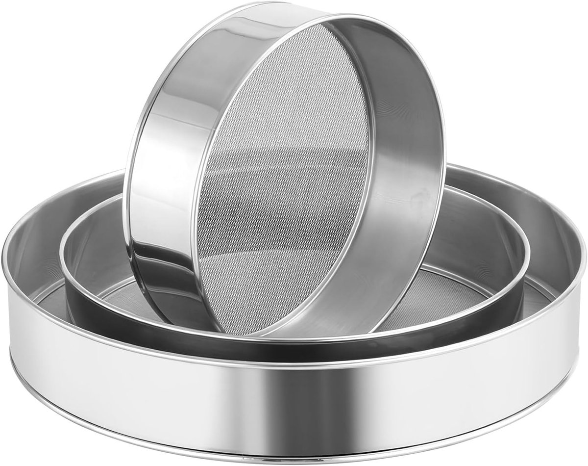 3 Pack Flower Strainer voor Baking - 40 Gauze - 6/7/8 Inch Round Stainless Steel Flower Sieve Set - Fine Mesh Powder Sugar Strainer voor Kitchen Cake Bread Cupcake (3 Sizes)