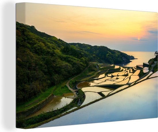 Geweldige zonsondergang belicht de rijstvelden van China Canvas 140x90 cm - Foto print op Canvas schilderij (Wanddecoratie woonkamer / slaapkamer)