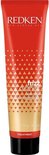 Een rode tube met gouden driehoeken en tekst 'REDKEN frizz dismiss rebel tame treatment', 1 fl oz 30 ml.