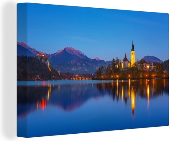 Blejski otok en Slovénie pendant la nuit au lac de Bled Toile 90x60 cm - Tirage photo sur toile (Décoration murale salon / chambre)