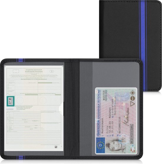 Housse kwmobile pour certificat d'immatriculation et permis de conduire - Housse avec porte-cartes en bleu / noir - Simili cuir - Motif rayures rallye
