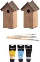 2x stuks houten vogelhuisjes/nestkastjes 22 cm - in het zwart/geel/lichtblauw - Dhz schilderen pakket + 3x tubes verf en kwasten