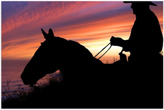 Poster – Cowboy met Paard tijdens Zonsondergang - 90x60cm Foto op Posterpapier
