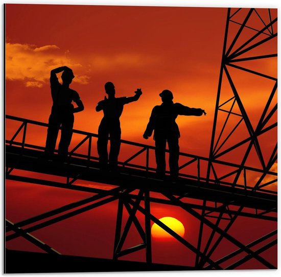 Dibond - Zonsondergang tijdens het Werken - 50x50cm Foto op Aluminium (Met Ophangsysteem)