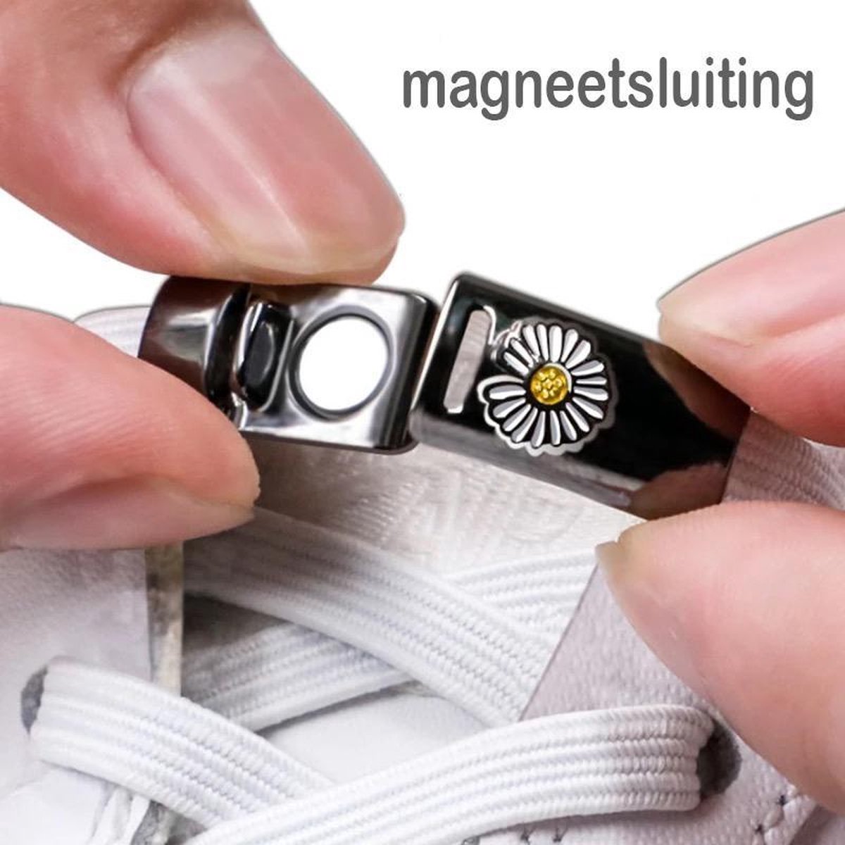 Elastische Veters met Magneetsluiting met Madelief - Wit - Madelief figuur - Niet meer strikken - Zelfsluitend - Bloem - Snelsluiting - Gymschoen - Magnetisch - Snelveter - Kinderen - Jongeren - Meisjes