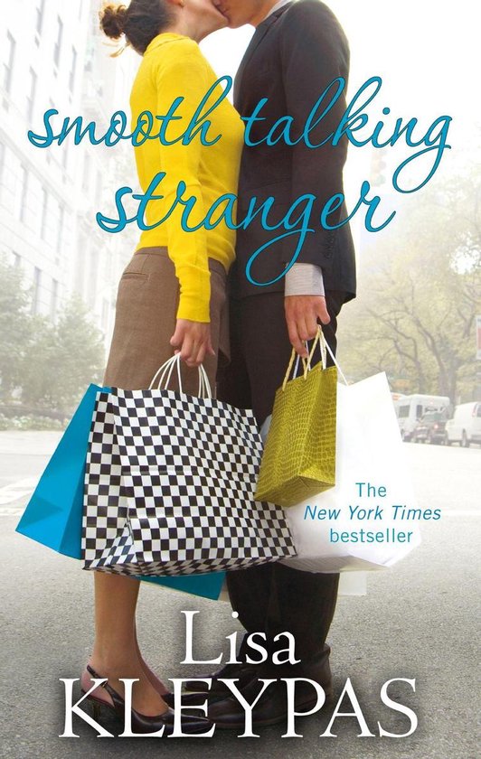Femme en haut jaune et jupe marron embrasse un homme en costume noir, tous deux portant des sacs de shopping. Titre : smooth talking stranger.