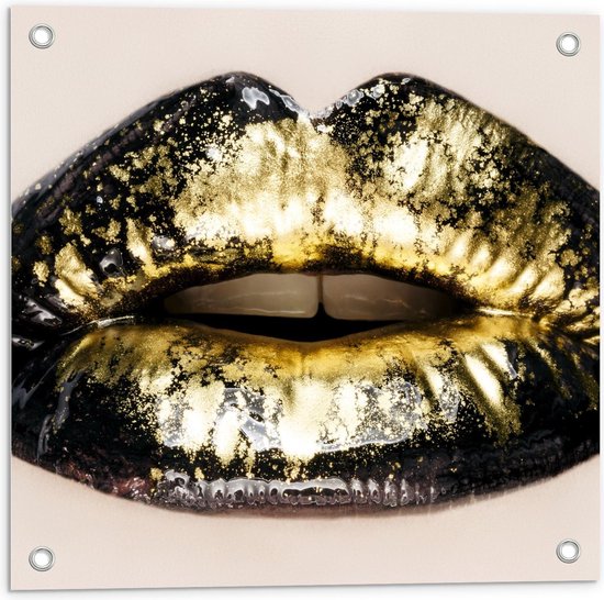 Tuinposter – Lippen met Goud en Zwart - 50x50cm Foto op Tuinposter  (wanddecoratie voor buiten en binnen)