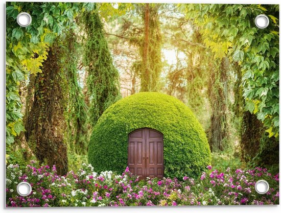 Tuinposter – Groen Bol  Huisje in Bos - 40x30cm Foto op Tuinposter  (wanddecoratie voor buiten en binnen)