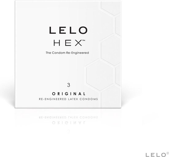 Witte LELO HEX Original condoomdoos met zeshoekig reliëf en '3 Original' opdruk.