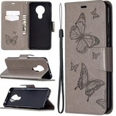 Voor Nokia 5.3 Two Butterflies Embossing Pattern Horizontale Flip lederen tas met houder & kaartsleuf & portemonnee & lanyard (grijs)