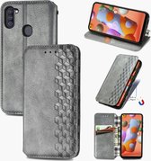 Voor Samsung Galaxy A11 / M11 Cubic Grid Pressed Horizontal Flip Magnetic Leather Case met houder & kaartsleuven & portemonnee (grijs)