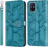 Voor Samsung Galaxy M51 (zijvingerafdruk) Life of Tree Embossing Pattern Horizontale flip lederen hoes met houder & kaartsleuf & portemonnee & fotolijst & lanyard (meerblauw)