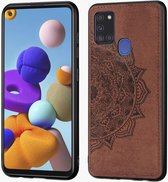 Voor Samsung Galaxy A21s Mandala reliÃ«f stoffen hoes PC + TPU mobiele telefoonhoes met magnetische functie en draagriem (bruin)