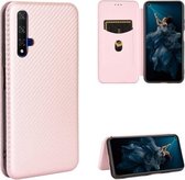 Voor Huawei Honor 20 / nova 5T Koolstofvezel Textuur Magnetische Horizontale Flip TPU + PC + PU lederen hoes met kaartsleuf (roze)
