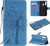 Voor Huawei Y6p Tree & Cat reliÃ«fpatroon Horizontale flip lederen tas met houder & kaartsleuven & portemonnee & lanyard (blauw)