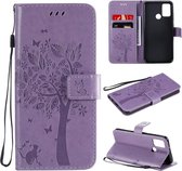 Voor Huawei Honor 9A Tree & Cat reliÃ«fpatroon Horizontale flip lederen tas met houder & kaartsleuven & portemonnee en lanyard (lichtpaars)