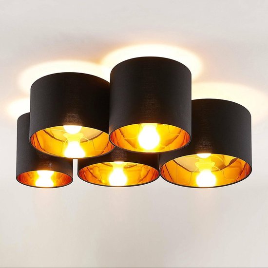 Lindby - plafondlamp - 5 lichts - stof, metaal - H: 25.5 cm - E27 - zwart, goud